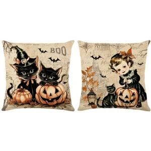 2 Victorian Halloween Pillow Covers Only 18"×18" Whimsy Black Cats Girls Retro